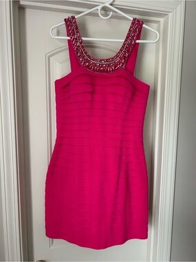 Sherri Hill Hot Pink Embellished Neck Mini Dress